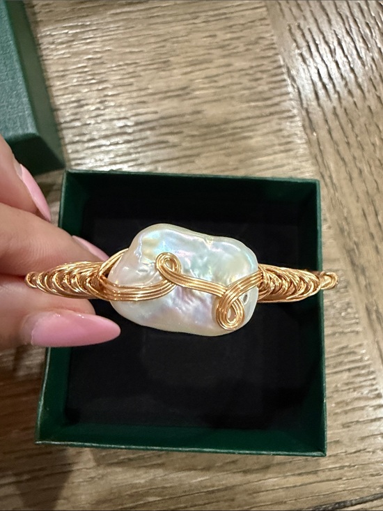 Pearlism Jewelry - Gold Wire-Wrapped Baroque Pearl Cuff Bracelet - Iridescent White 2 Pearls On End